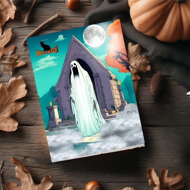 Cartes Pour Fêtes Annuelles Éffrayant fantôme d'horreur debout dans le cimetiè (Spooky Scary Ghost Standing in Cemetery Halloween. )