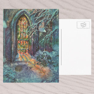 Cartes Pour Fêtes Annuelles Eglise de Noël vintage avec vitre en verre