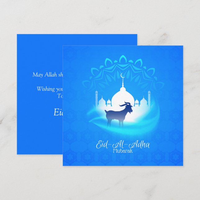 Cartes Pour Fêtes Annuelles Eid Al Adha Moubarak Chèvre Bleu Blanc Islamique (Devant / Derrière)