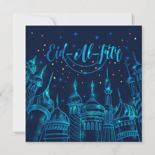 Cartes Pour Fêtes Annuelles Eid al Fitr Mosquée Moubarak Étoiles Feu d'artific (Devant)