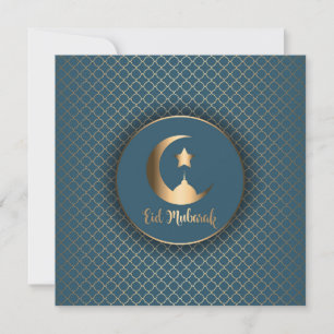 Cartes Pour Fêtes Annuelles Eid Moubarak Gold Crescent Mosquée étoile Bleu