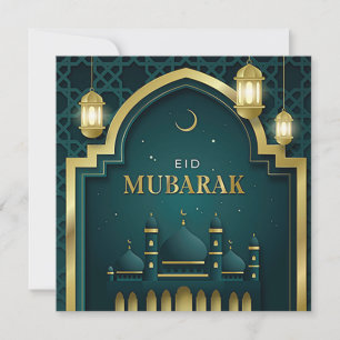 Cartes Pour Fêtes Annuelles Eid Moubarak Gold Crescent Star Mosquée verte 