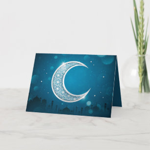 Cartes Pour Fêtes Annuelles Eid Moubarak Lune brillante Mosquée étoile Bleu Bl