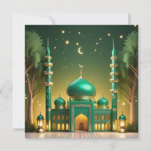 Cartes Pour Fêtes Annuelles Eid Moubarak Mosquée Crescent Étoiles Vert Or