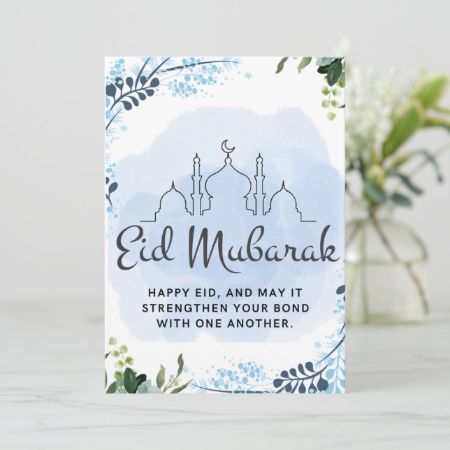 Cartes Pour Fêtes Annuelles Eid Moubarak Mosquée Fleurie Bleue (Debout devant)