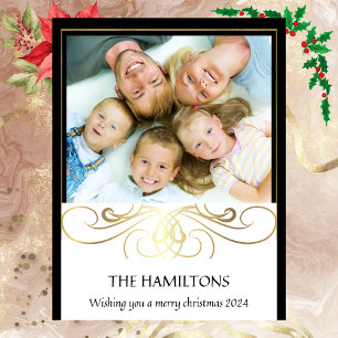 Cartes Pour Fêtes Annuelles Élégance monochrome noir et blanc feuille or