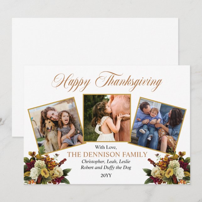 Cartes Pour Fêtes Annuelles Elégant 3 Photo Famille Bon thanksgiving Floral (Devant / Derrière)