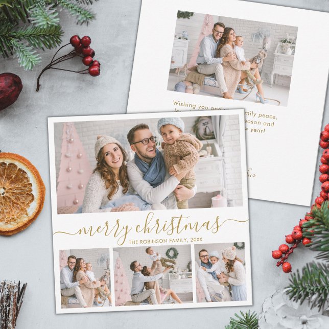Cartes Pour Fêtes Annuelles Elégant 4 Photo Collage Gold Script Noël (Créateur téléchargé)