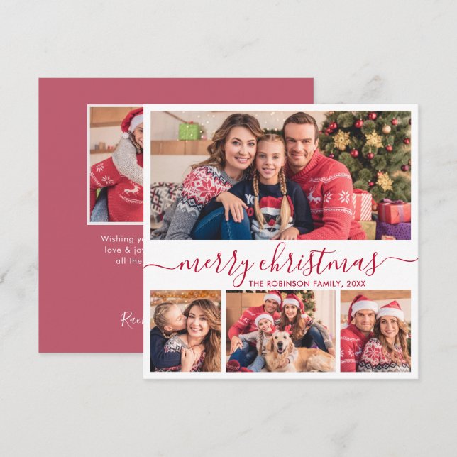 Cartes Pour Fêtes Annuelles Elégant 4 Photo Collage Rouge Script Noël (Devant / Derrière)