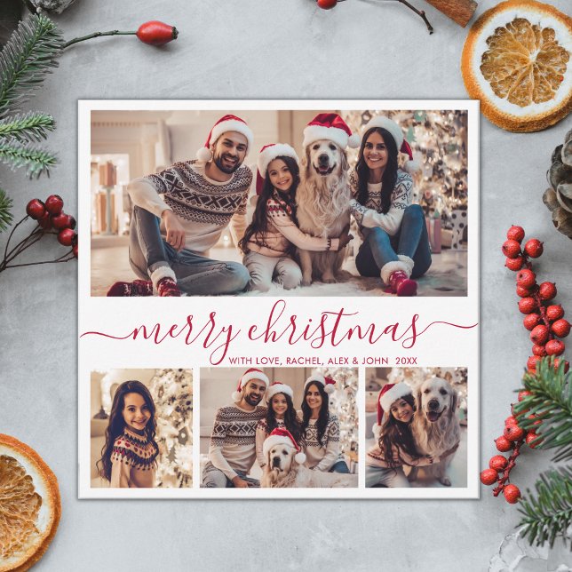 Cartes Pour Fêtes Annuelles Elégant 4 Photo Collage Rouge Script Noël (Créateur téléchargé)