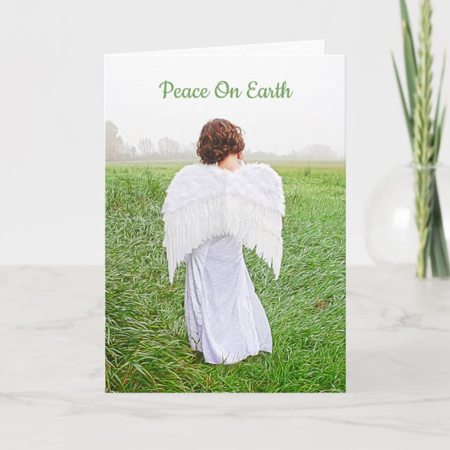 Cartes Pour Fêtes Annuelles Elégant Angel Paix sur Terre Blanc Vert (Devant)