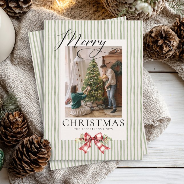 Cartes Pour Fêtes Annuelles Elégant aquarelle Bow vert Script Noël (Personalized photo elegant modern minimalist simple watercolor bows Merry Christmas Holiday Cards)