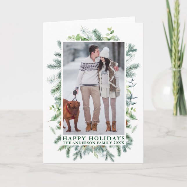 Cartes Pour Fêtes Annuelles Elégant aquarelle Pins Cadre Photo Vert Plié (Devant)