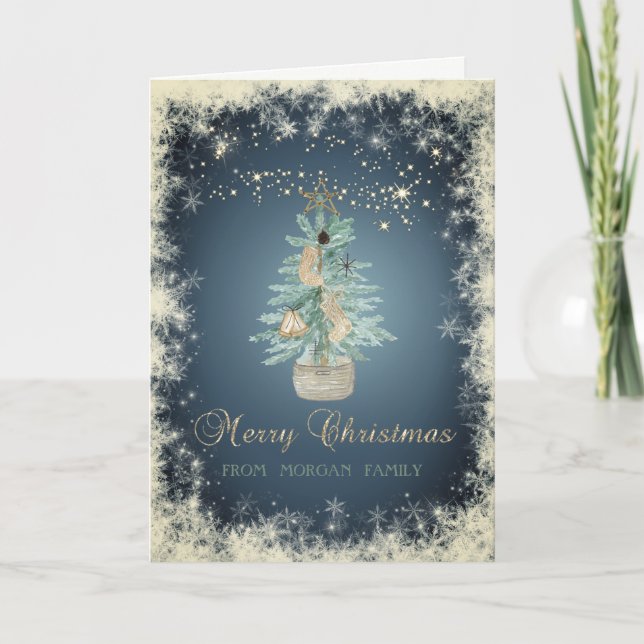 Cartes Pour Fêtes Annuelles Elégant arbre à pin aquarelle de Noël, Snowflakes (Devant)