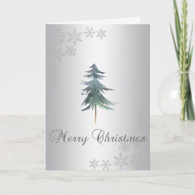 Cartes Pour Fêtes Annuelles Elégant Arbre de Noël en Aquarelle d'Argent, Parti (Devant)