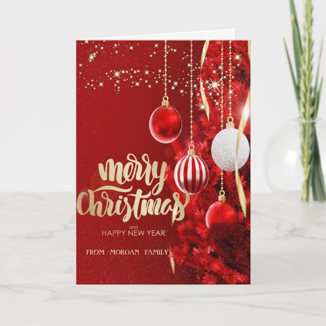 Cartes Pour Fêtes Annuelles Élégant arbre de Noël rouge, balles (Devant)