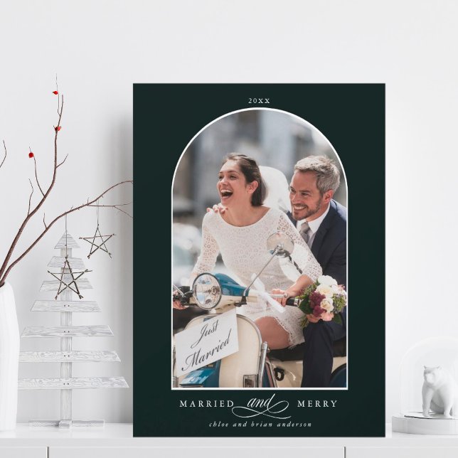 Cartes Pour Fêtes Annuelles Elégant arc marié et joyeux photo Deep Green (Créateur téléchargé)
