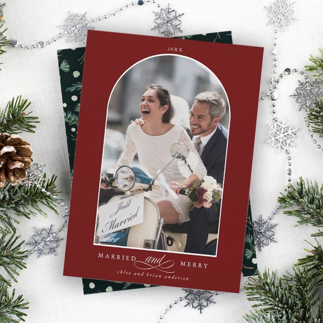 Cartes Pour Fêtes Annuelles Elegant Arc Marié et Joyeux Photo Rouge (Front & Back)