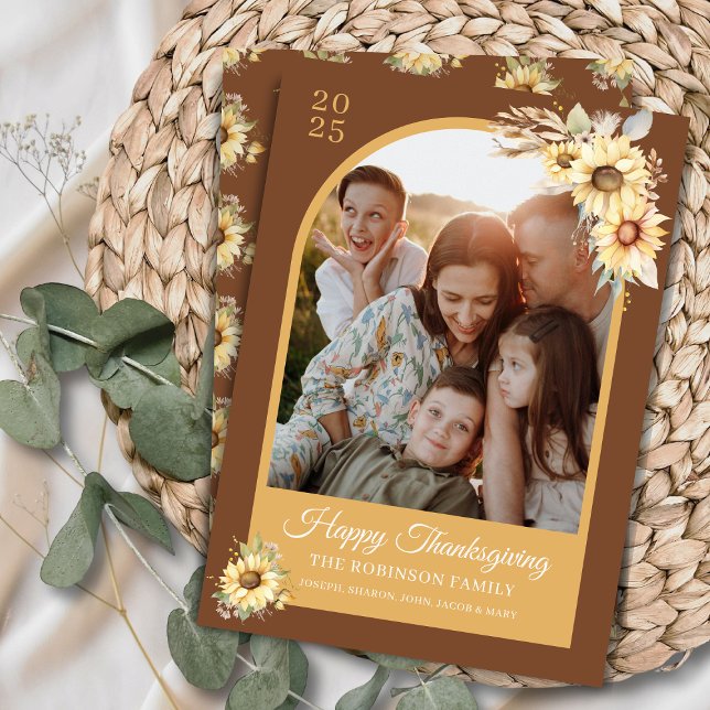 Cartes Pour Fêtes Annuelles Élégant automne automne automne Bon thanksgiving F (Elegant watercolor sunflowers Happy Thanksgiving card on terra cotta and goldenrod with personalized)