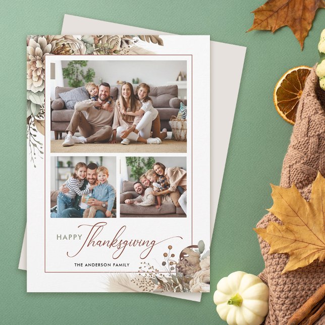 Cartes Pour Fêtes Annuelles Élégant automne floral 3 Photo Thanksgiving (Créateur téléchargé)