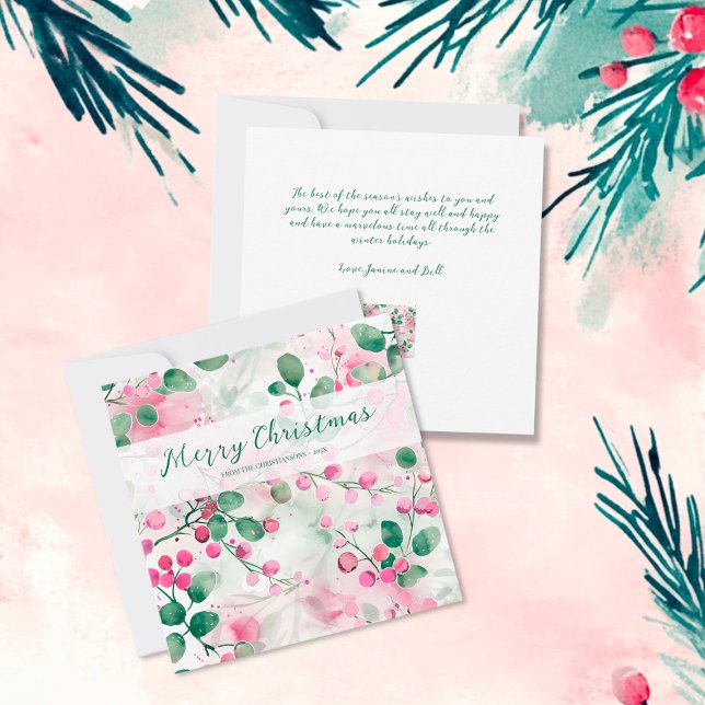 Cartes Pour Fêtes Annuelles Élégant Baies Roses Fleurs Noël (Elegant Pink Berries Floral Flat Christmas Card)