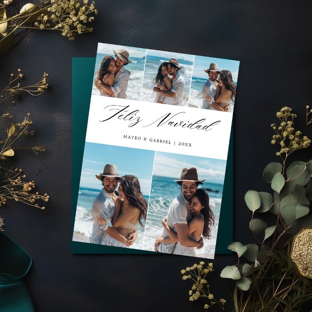 Cartes Pour Fêtes Annuelles Elégant Beach Couple 5 Photo Feliz Navidad (Créateur téléchargé)