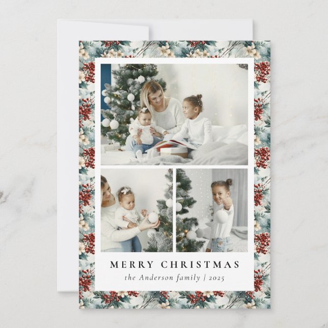 Cartes Pour Fêtes Annuelles Elégant Berry rouge et Noël botanique floral (Devant)