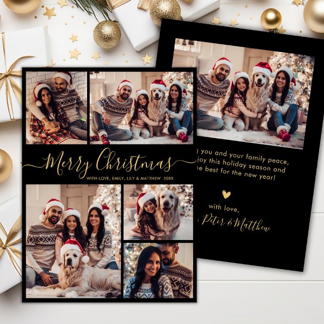 Cartes Pour Fêtes Annuelles Elégant Black Gold 5 Photo Collage Noël (Créateur téléchargé)