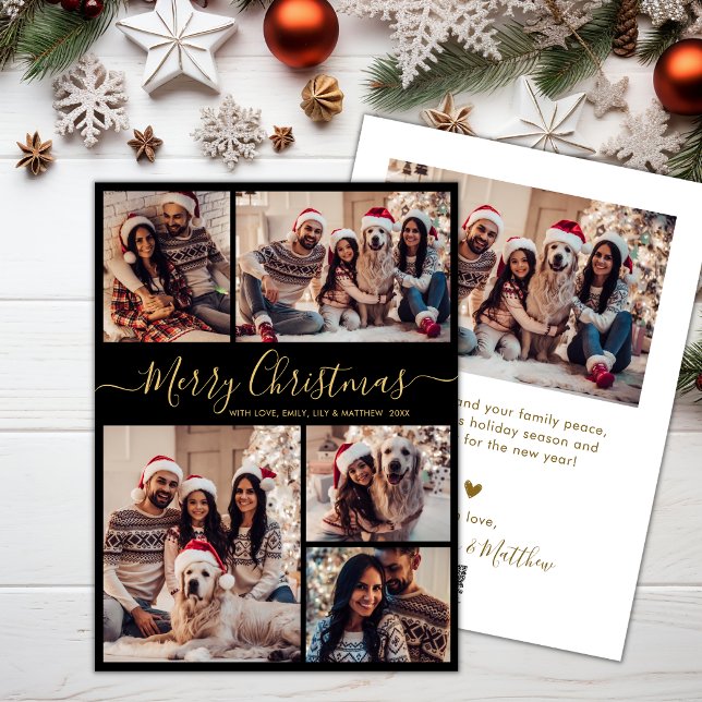 Cartes Pour Fêtes Annuelles Elégant Black Gold 5 Photo Collage Noël (Créateur téléchargé)