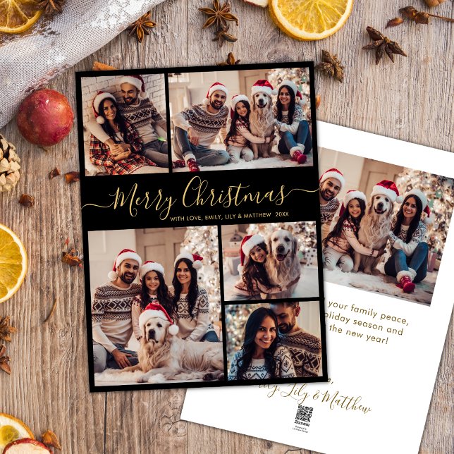 Cartes Pour Fêtes Annuelles Elégant Black Gold 5 Photo Collage Noël (Créateur téléchargé)