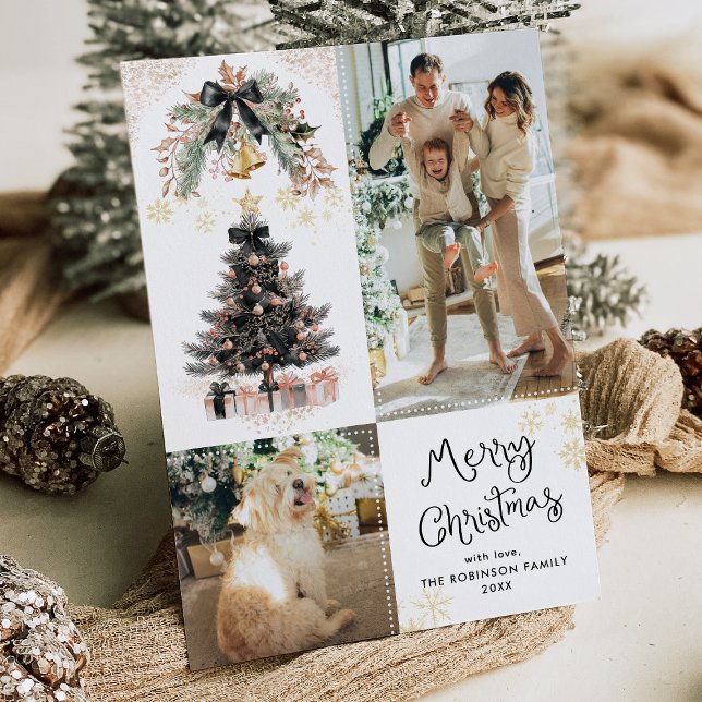 Cartes Pour Fêtes Annuelles Elégant Black & Gold Bows Joyeux Noël 2 Photo (Créateur téléchargé)