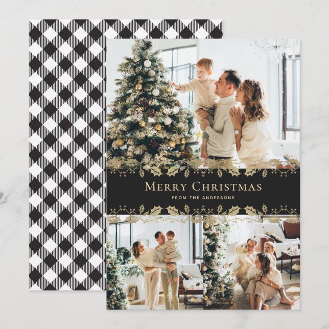 Cartes Pour Fêtes Annuelles Élégant Black Gold Holly Plaid Photo Noël (Devant / Derrière)