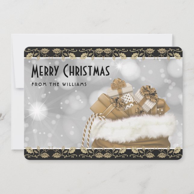 Cartes Pour Fêtes Annuelles Élégant Black Gold Holly présente Noël (Devant)