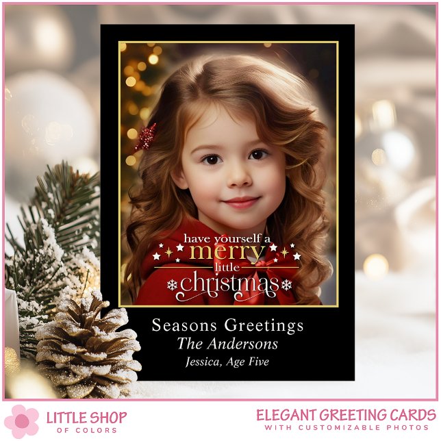 Cartes Pour Fêtes Annuelles Elegant Black Gold Merry Little Christmas Photo (Créateur téléchargé)