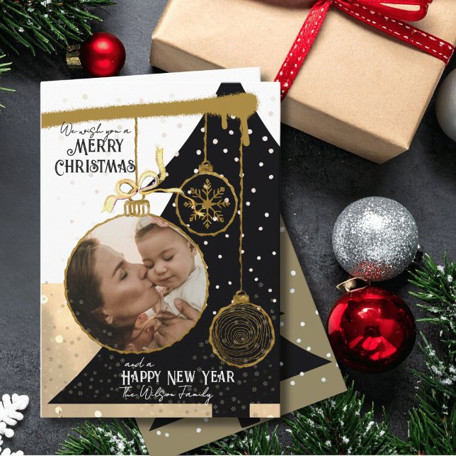 Cartes Pour Fêtes Annuelles Elegant Black & Gold Photo Ornament Christmas Card (Elegant Black & Gold Photo Ornament Christmas Card)