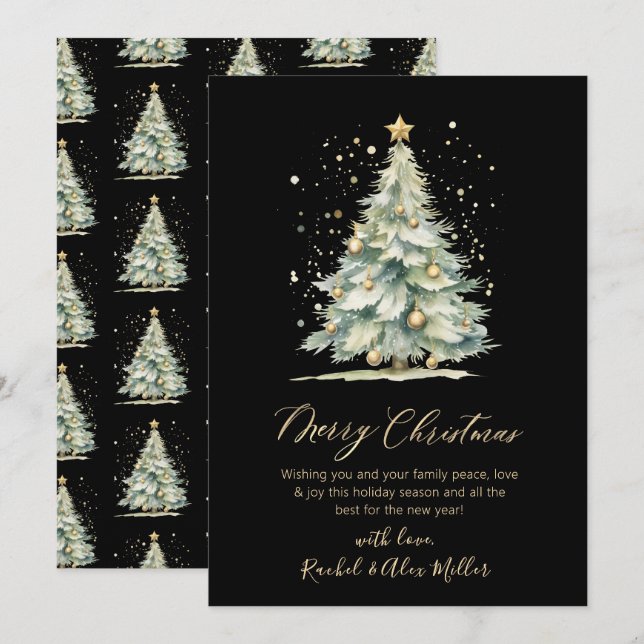 Cartes Pour Fêtes Annuelles Élégant Black Gold Script Non Photo Christmas Tree (Devant / Derrière)