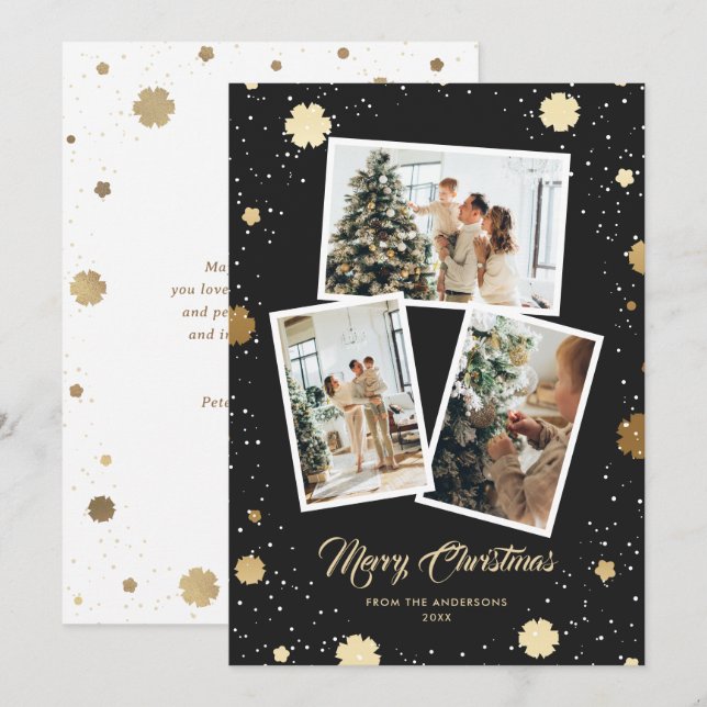 Cartes Pour Fêtes Annuelles Élégant Black Gold Snowflakes 3 Photo Noël (Devant / Derrière)