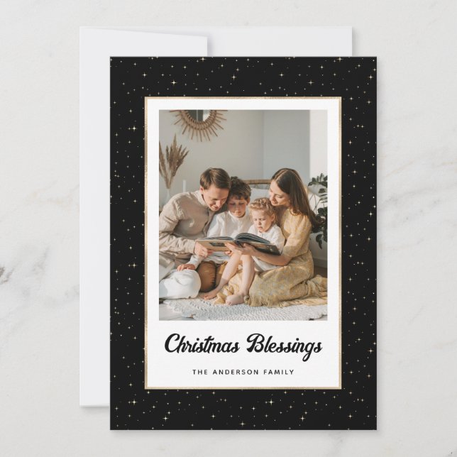 Cartes Pour Fêtes Annuelles Elegant Black Gold Starry Photo (Devant)