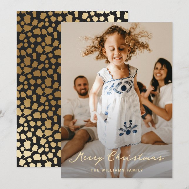 Cartes Pour Fêtes Annuelles Élégant Black Gold Stars Script Photo Noël (Devant / Derrière)