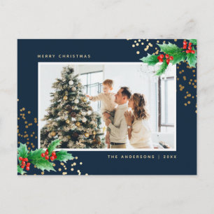Cartes Pour Fêtes Annuelles Elégant bleu aquarelle Holly photo Noël