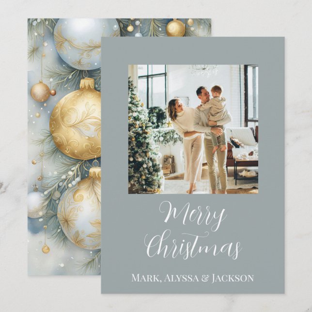 Cartes Pour Fêtes Annuelles Elégant bleu Dusty Baubles de Noël Photo de famill (Devant / Derrière)