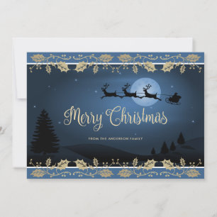 Cartes Pour Fêtes Annuelles Élégant Bleu Holly Reindeer Noël du Père Noël