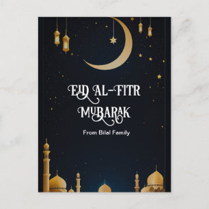Cartes Pour Fêtes Annuelles Élégant Bleu & Or Aïd Al-Fitr Crescent Moon Post