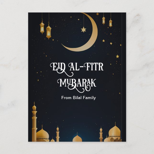 Cartes Pour Fêtes Annuelles Élégant Bleu & Or Aïd Al-Fitr Crescent Moon Post (Devant)