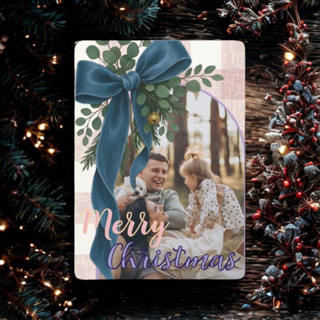 Cartes Pour Fêtes Annuelles Elegant Blue Bow Christmas Two Photo Holiday Card (Créateur téléchargé)