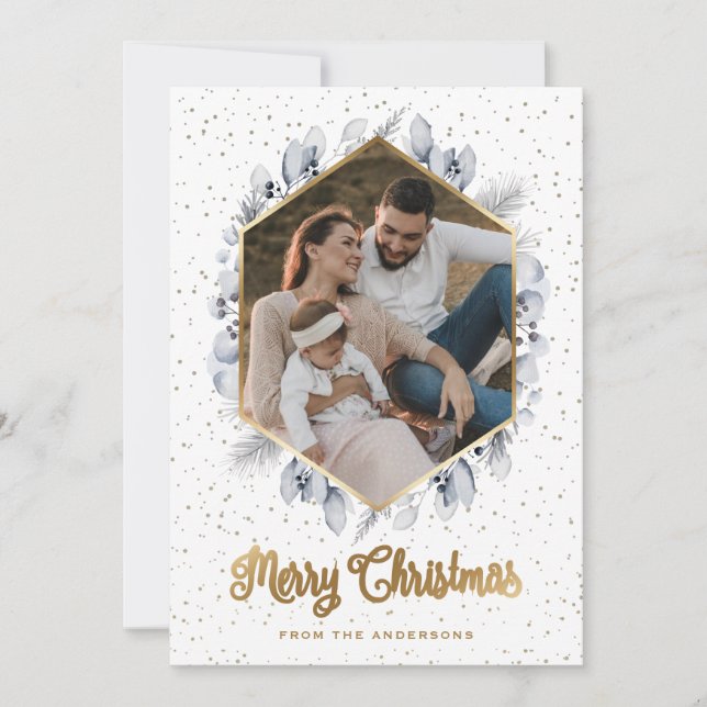 Cartes Pour Fêtes Annuelles Elégant Blue Gold Botanical Geo Photo Noël (Devant)