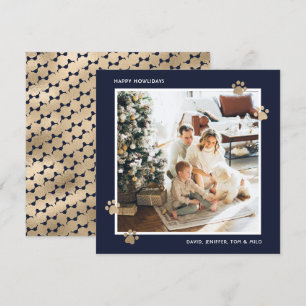 Cartes Pour Fêtes Annuelles Elégant Blue Gold Paw Photo Happy Howlidays