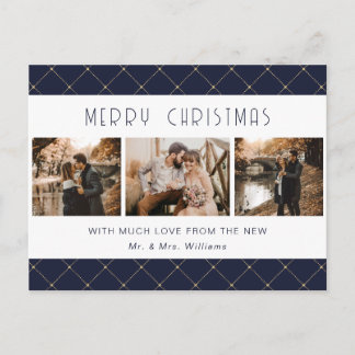 Cartes Pour Fêtes Annuelles Elegant Blue Gold Photo Newlywed