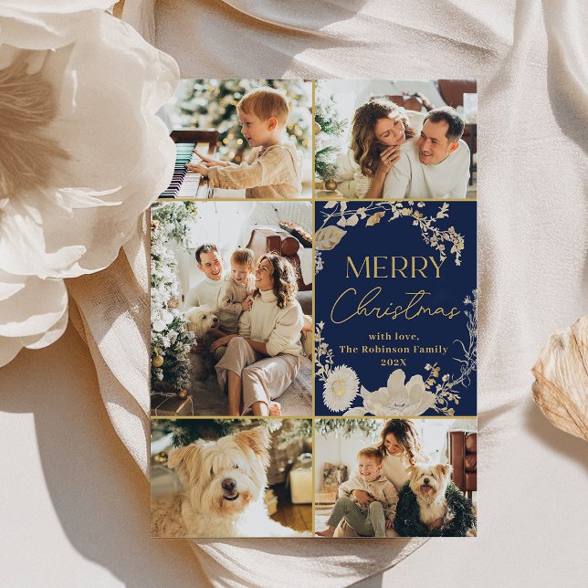 Cartes Pour Fêtes Annuelles Élégant Blue Gold Script Multi Photo Noël (Créateur téléchargé)