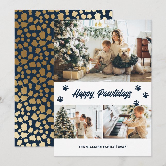 Cartes Pour Fêtes Annuelles Elégant Blue Happy Pawlidays Gold Stars Photo (Devant / Derrière)
